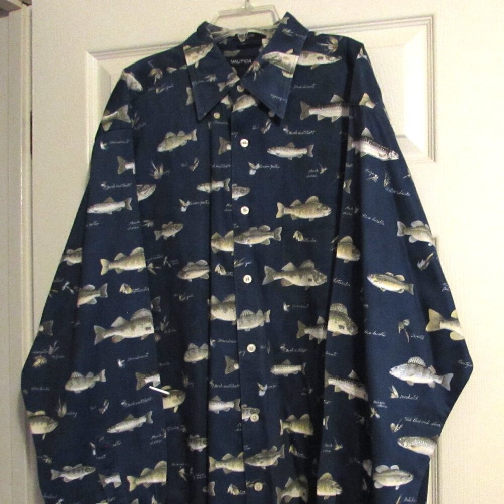 Men's NAUTICA Long Sleeve Shirt With Fish & Lures Size L
